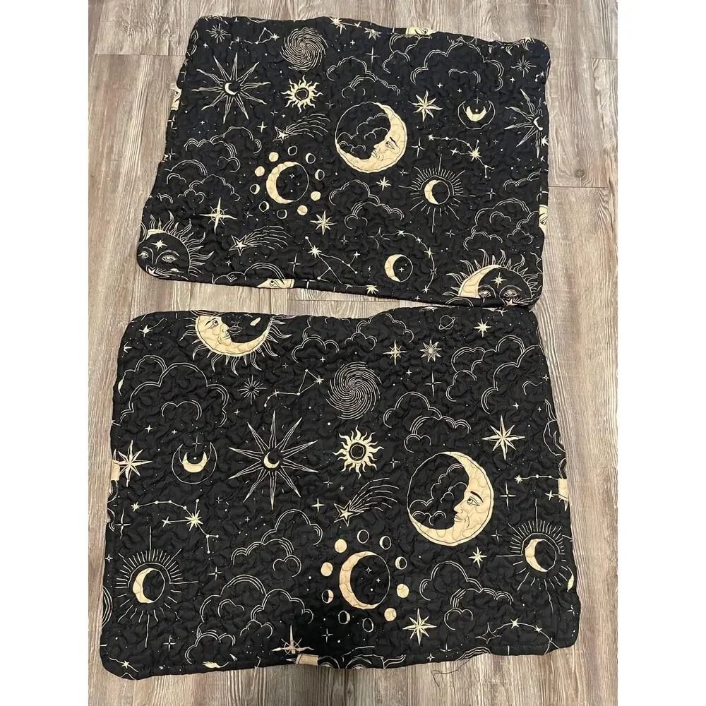 Celestial Sun Moon Quilt Set 83x99 Black Boho Stars 2 Shams Constellation Space